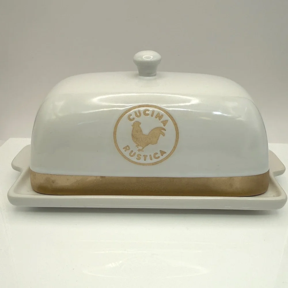 Sur La Table Cucina Rustica Stoneware Butter Dish Rooster White Tan
